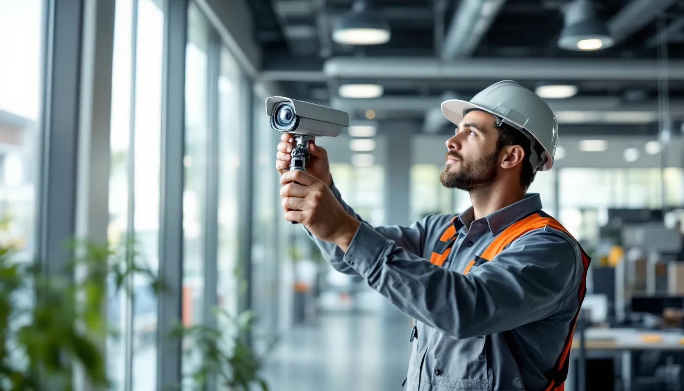 Ilustração de técnico instalando uma câmera de segurança
